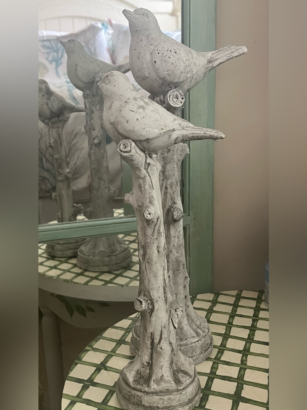 Decorative Double Bird on Branch Sculpture - White